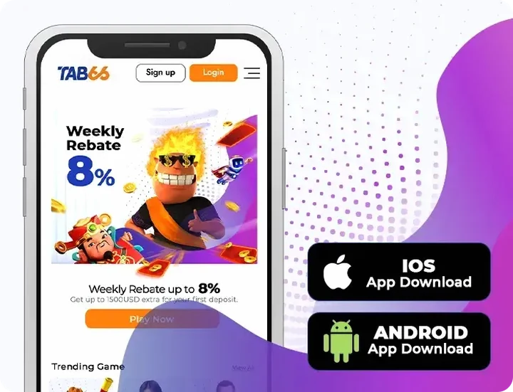 Tab66 को «App Download» ब्लक: मोबाइल स्क्रिनमा लबी, छेउमा iOS र Android डाउनलोड बटन